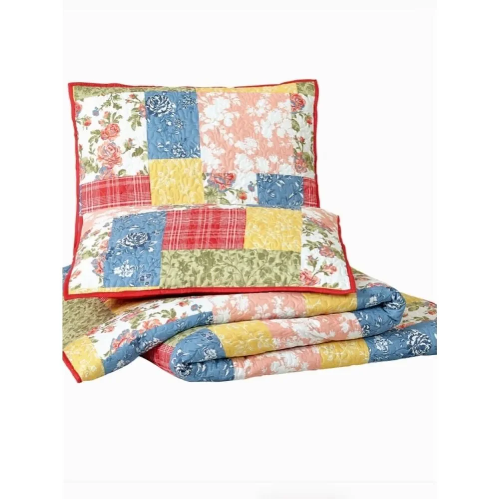 Farmhouse Floral Patchwork Printed King Size Quilt Set Cottagecore Shabby Chic